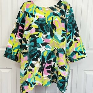 Context Colorful Green Multi Linen 3/4 Sleeve Sharkbite Tunic Blouse 2X